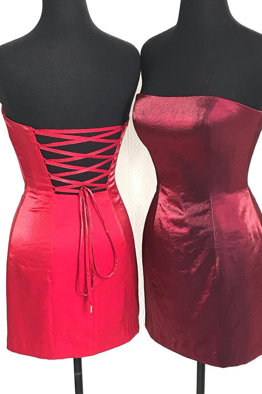 Vestido de fiesta burdeos con cordones y corte entallado sin tirantes