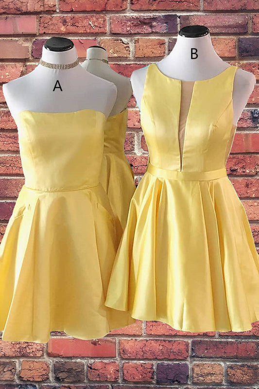 Vestido amarillo corto de fiesta con corte en A, elegante y elegante.