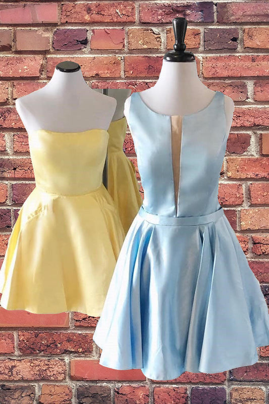 Vestido amarillo corto de fiesta con corte en A, elegante y elegante.