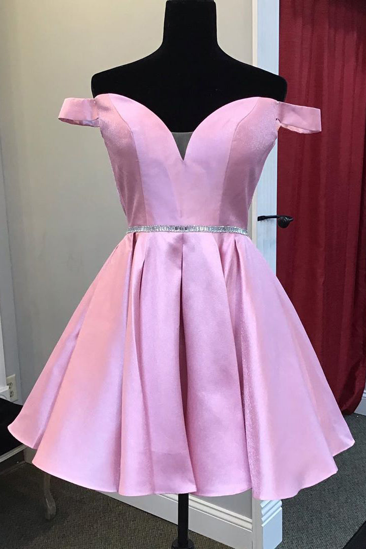 Vestidos de fiesta rosas con hombros descubiertos y cintura con cuentas, vestidos de cóctel para fiestas