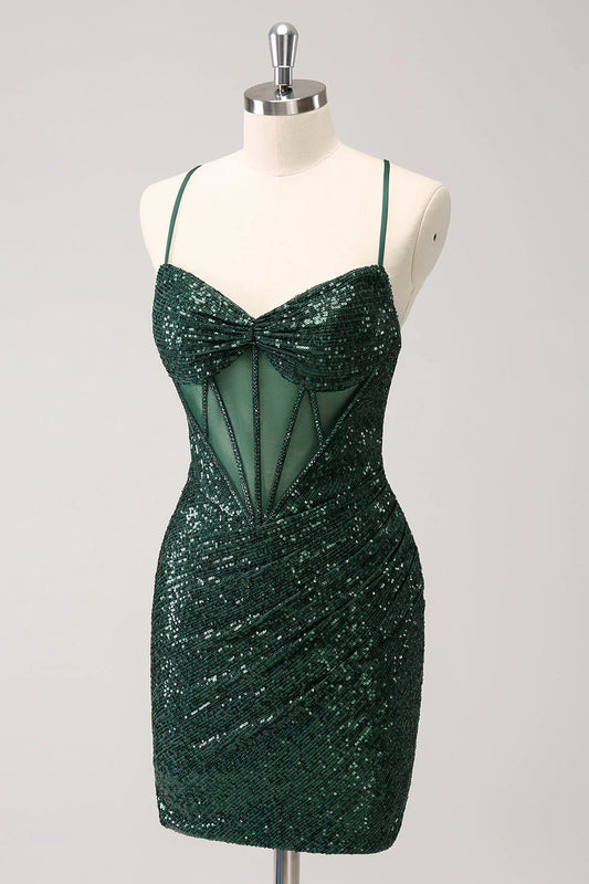 Vintage Dark Green Sequined Design A-line Spaghetti Strap Homecoming Dress TP3454