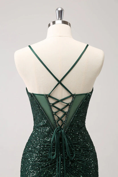 Vintage Dark Green Sequined Design A-line Spaghetti Strap Homecoming Dress TP3454