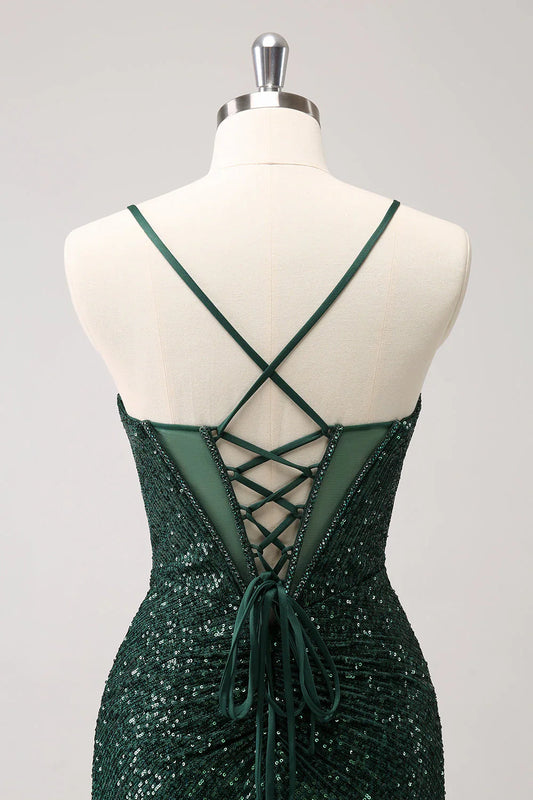 Vintage Dark Green Sequined Design A-line Spaghetti Strap Homecoming Dress TP3454