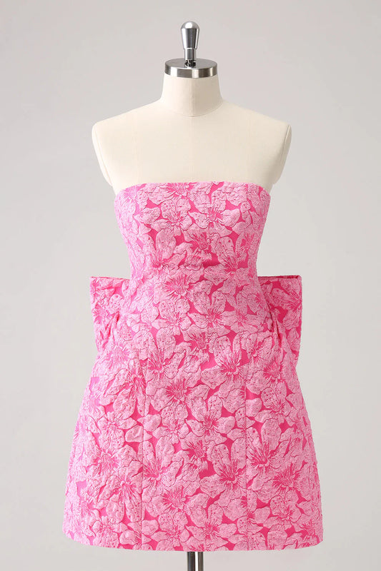 Vintage Rose Pink Bow Design A-line Floral Sleeveless Strapless Homecoming Dress TP3453