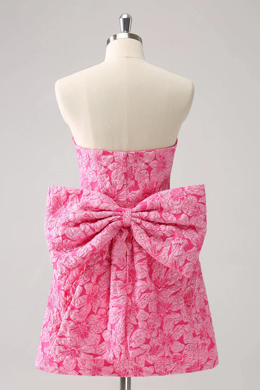 Vintage Rose Pink Bow Design A-line Floral Sleeveless Strapless Homecoming Dress TP3453