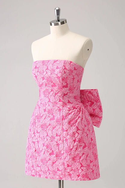 Vintage Rose Pink Bow Design A-line Floral Sleeveless Strapless Homecoming Dress TP3453