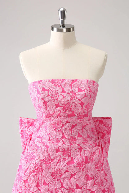Vintage Rose Pink Bow Design A-line Floral Sleeveless Strapless Homecoming Dress TP3453