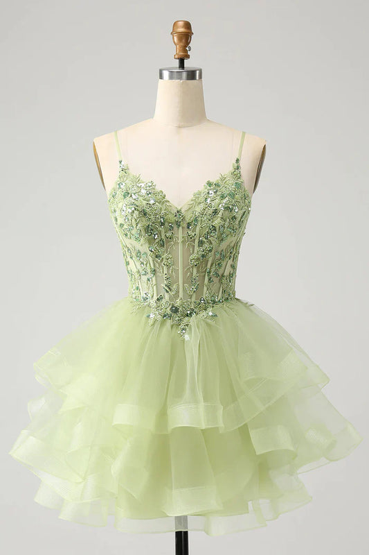 Vintage Light Green Appliques Design A-line Tulle Corset Tiered Spaghetti Strap Homecoming Dress TP3400