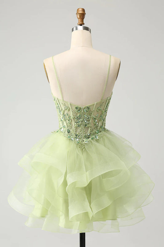 Vintage Light Green Appliques Design A-line Tulle Corset Tiered Spaghetti Strap Homecoming Dress TP3400