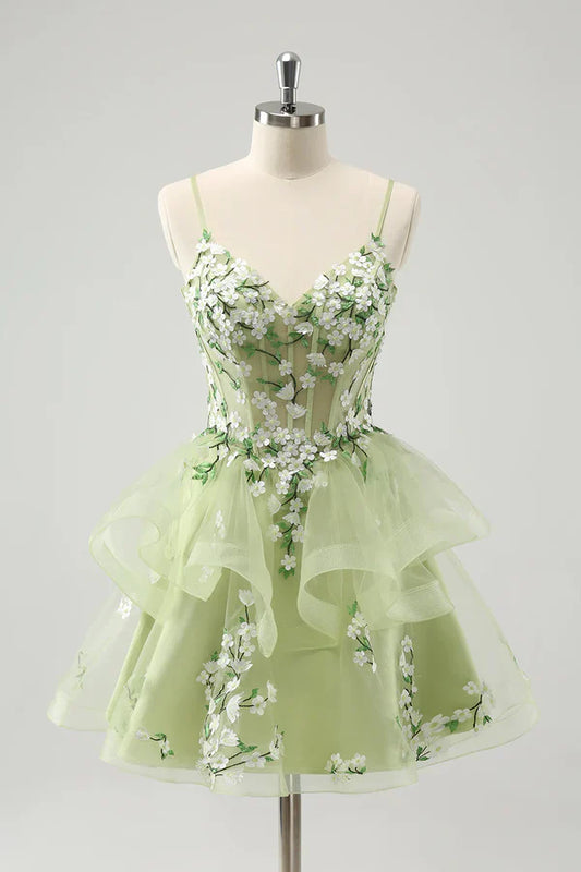 Vintage Mint Green Floral Embroidery Design A-line Spaghetti Strap Homecoming Dress TP3407