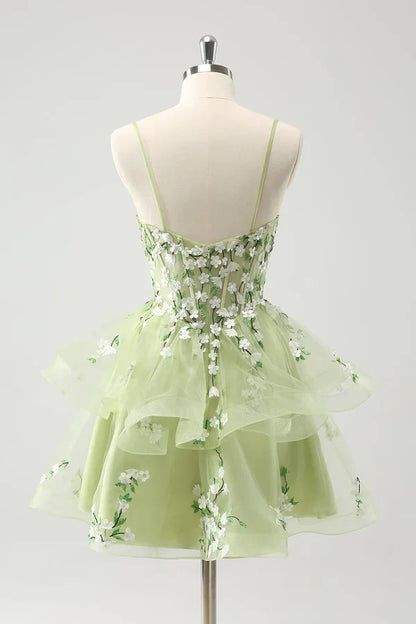 Vintage Mint Green Floral Embroidery Design A-line Spaghetti Strap Homecoming Dress TP3407