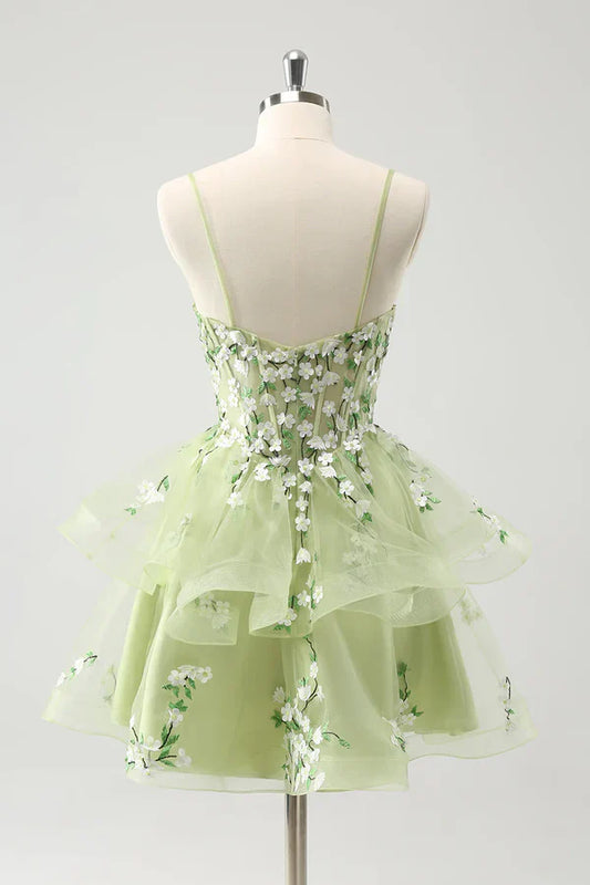 Vintage Mint Green Floral Embroidery Design A-line Spaghetti Strap Homecoming Dress TP3407
