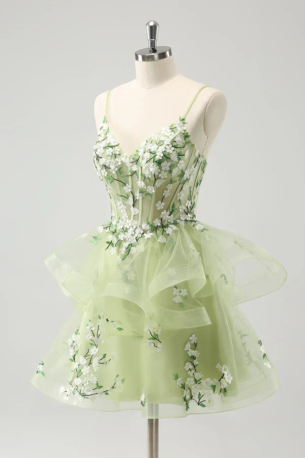 Vintage Mint Green Floral Embroidery Design A-line Spaghetti Strap Homecoming Dress TP3407
