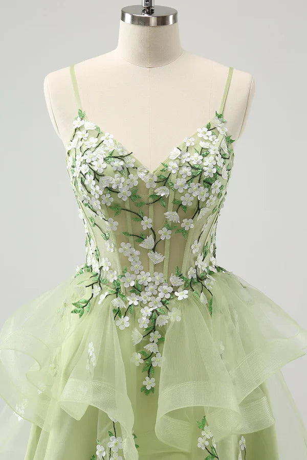 Vintage Mint Green Floral Embroidery Design A-line Spaghetti Strap Homecoming Dress TP3407