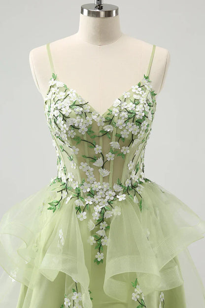 Vintage Mint Green Floral Embroidery Design A-line Spaghetti Strap Homecoming Dress TP3407