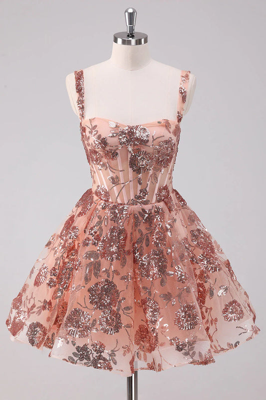 Vintage Sequin Design A-line Tulle Corset Spaghetti Strap Homecoming Dress TP3399