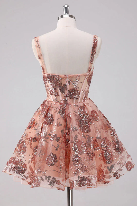Vintage Sequin Design A-line Tulle Corset Spaghetti Strap Homecoming Dress TP3399
