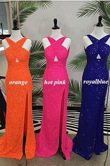 Vestido de fiesta naranja ajustado con escote cruzado y abertura, vestido formal con lentejuelas
