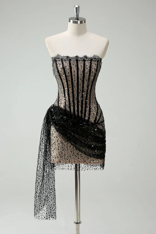 Stylish  Sequined Black Lace Corset Design A-line Strapless Homecoming Dress TP3654