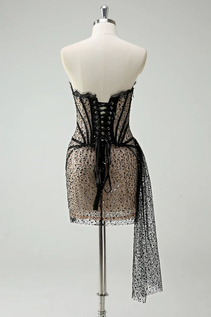 Stylish  Sequined Black Lace Corset Design A-line Strapless Homecoming Dress TP3654
