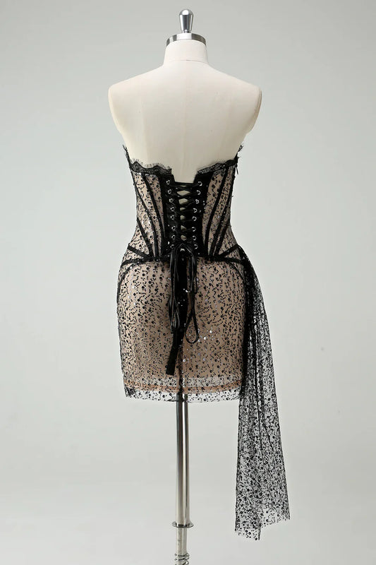 Stylish  Sequined Black Lace Corset Design A-line Strapless Homecoming Dress TP3654