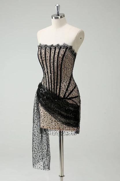 Stylish  Sequined Black Lace Corset Design A-line Strapless Homecoming Dress TP3654