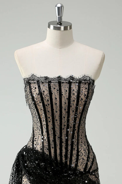 Stylish  Sequined Black Lace Corset Design A-line Strapless Homecoming Dress TP3654