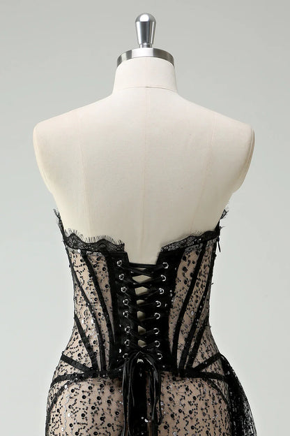 Stylish  Sequined Black Lace Corset Design A-line Strapless Homecoming Dress TP3654