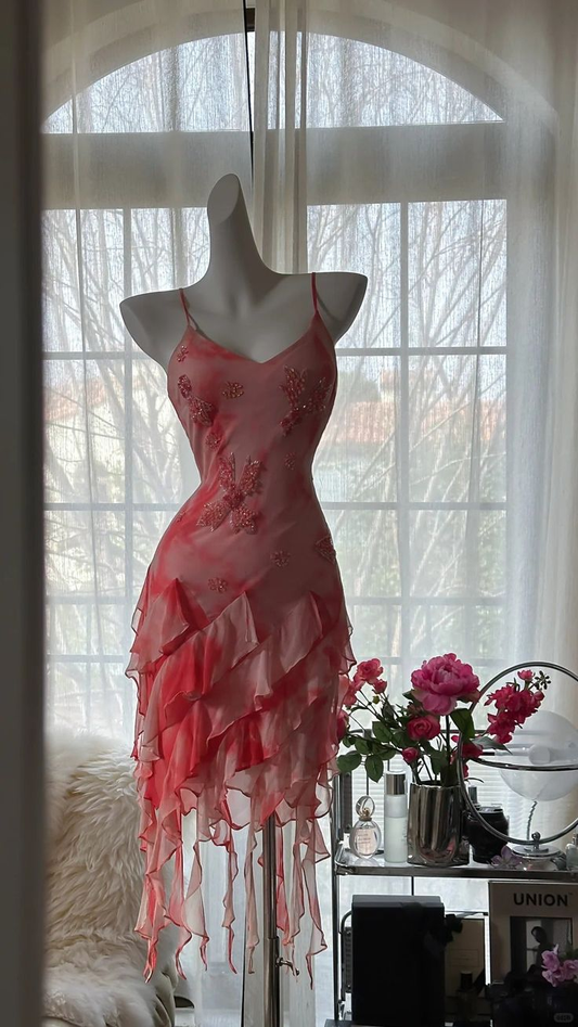 Gorgeous Spaghetti Straps Beaded Chiffon Irregular Ruffles Short Party Dress Homecoming Dress S675