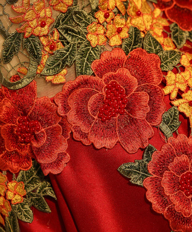 Vintage Red Floral Embroidery Design A-line Lace-up Satin Party Dress Homecoming Dress TP4065