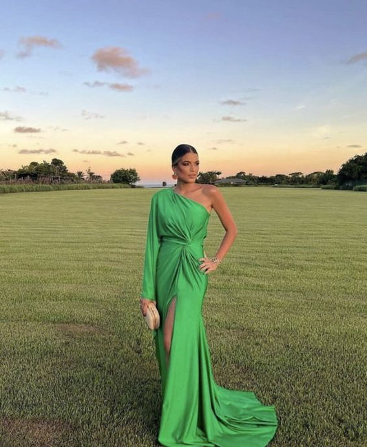 Green simple fashion one shoulder long satin ball gown evening dress party dress gh3355