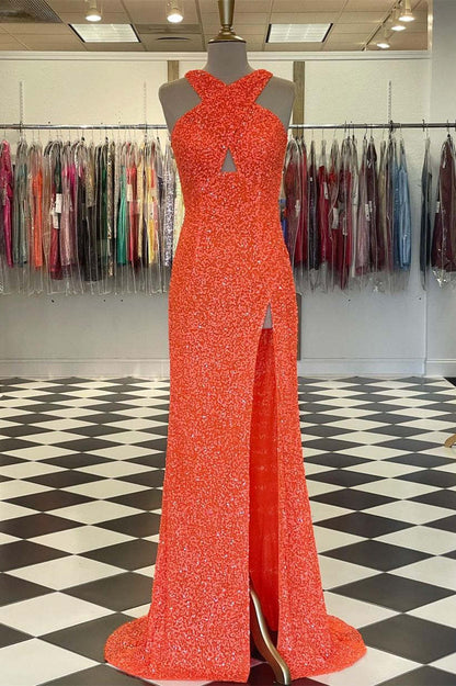 Vestido de fiesta naranja ajustado con escote cruzado y abertura, vestido formal con lentejuelas
