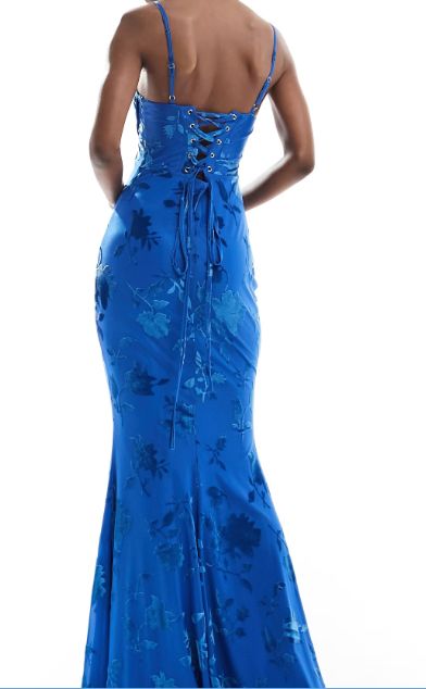 Vestidos de fiesta elegantes de sirena con tirantes finos y estampado floral azul, de satén, para invitadas de boda de verano, DP741