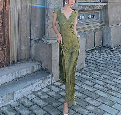 shopuniqlos-Green open back elegant dress, French country style dress, wedding guest dress, prom dress, birthday dress, evening dress, party dress gh5157