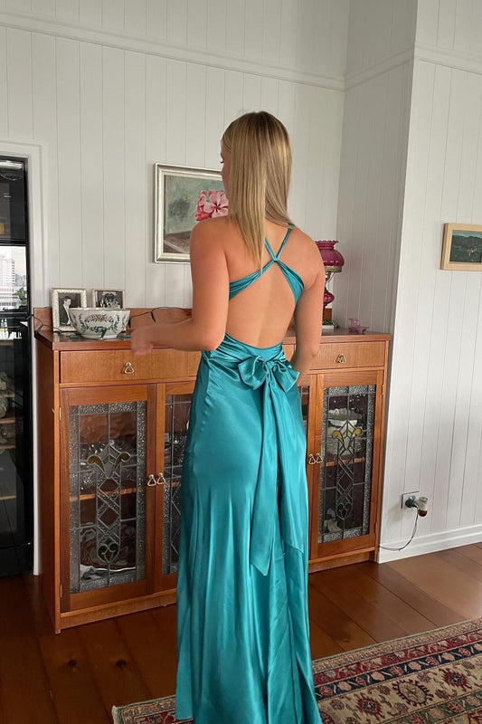 Vestidos largos formales de seda con corte tubo y giro turquesa para fiestas y eventos