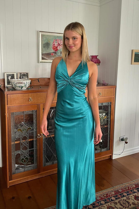 Vestidos largos formales de seda con corte tubo y giro turquesa para fiestas y eventos