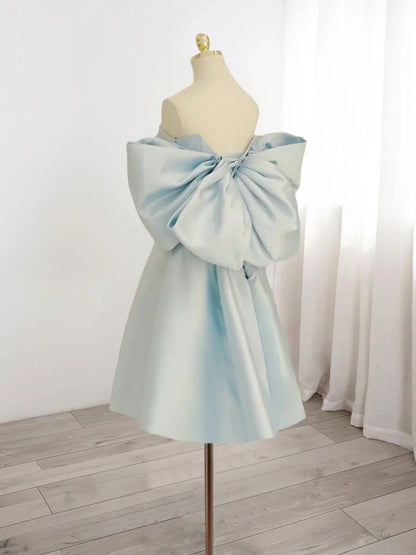 Vintage Light Blue Sweetheart Strapless Bow Design A-line Satin Party Dress Homecoming Dress TP4055