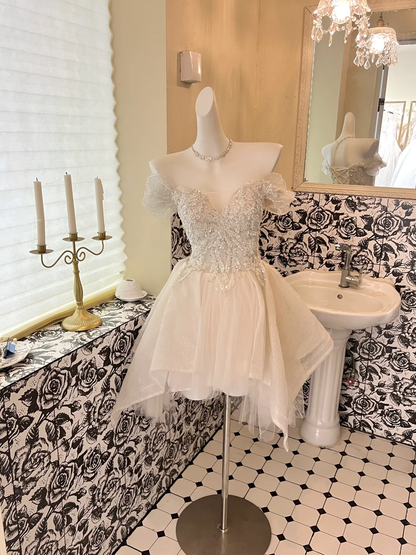 Gorgeous A Line Off the Shoulder Beaded Sequin Tulle Short Homecoming Dress Cocktail Dress SH3359