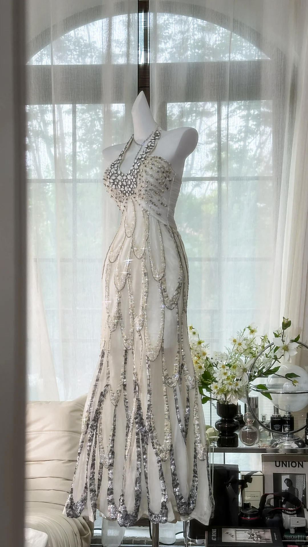 Vestido de noche romántico vintage blanco con cuentas brillantes, largo de gasa con tirantes finos, vestido de fiesta TP3963