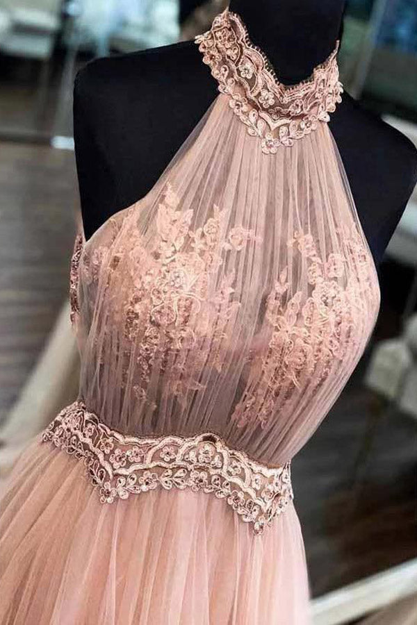 A Line Halter Blush Pink Tulle Prom Dress With Lace,WP332