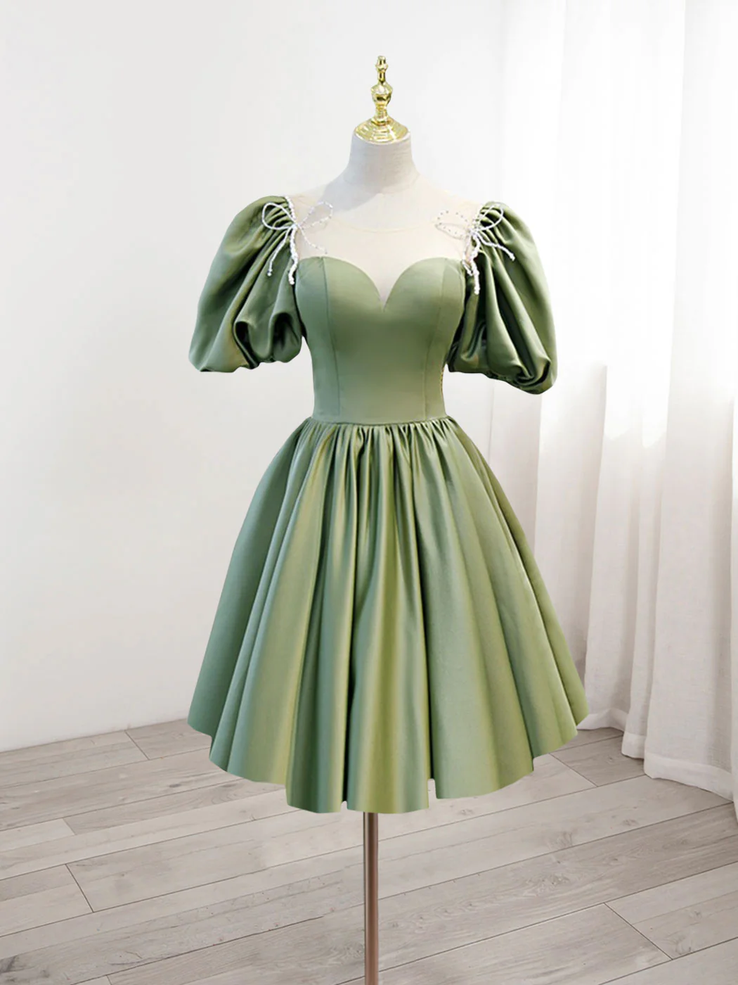Vestido de fiesta de satén verde retro con escote corazón, manga corta, diseño con cordones, corte A, TP4075