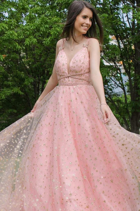 Vestidos de fiesta largos con estrellas brillantes, vestidos formales de corte A, escote en V, estrellas y lentejuelas.