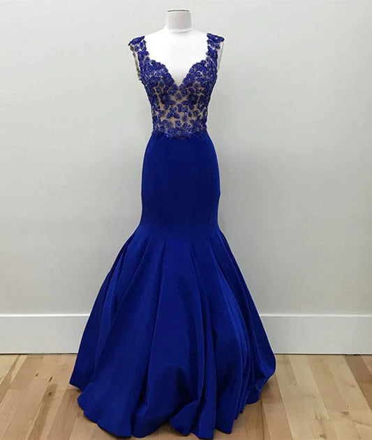 Vestido de fiesta largo de sirena con escote en V en azul real, vestido formal azul TP50