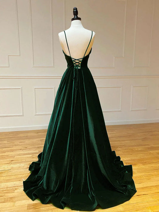Vestido de fiesta largo de terciopelo verde, corte A, sencillo, vestido formal largo verde TP30