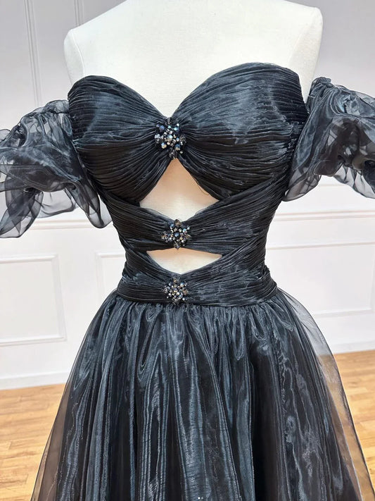 Vestido de fiesta largo de tul negro con hombros descubiertos y corte en A, vestido de noche formal negro TP33