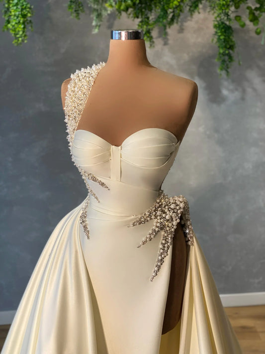 One Shoulder Pearls Satin Bridal Gown evening dress gh2567