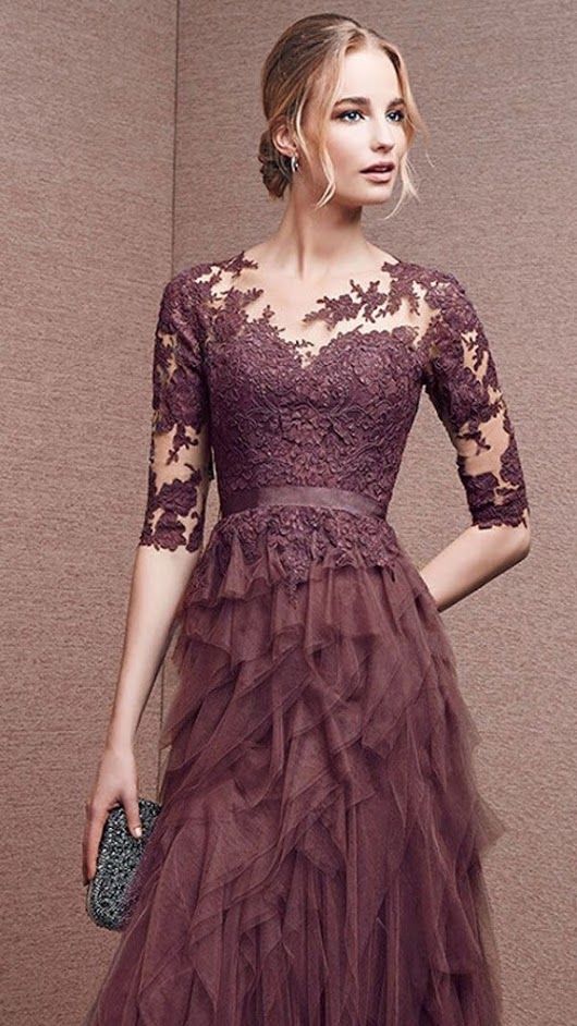 Gray purple elegant long sleeve lace long tulle ball gown evening dress 7648