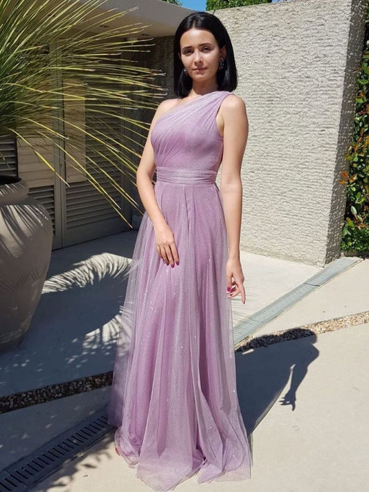Vestido de fiesta largo sencillo de tul morado con un solo hombro, vestido de noche morado