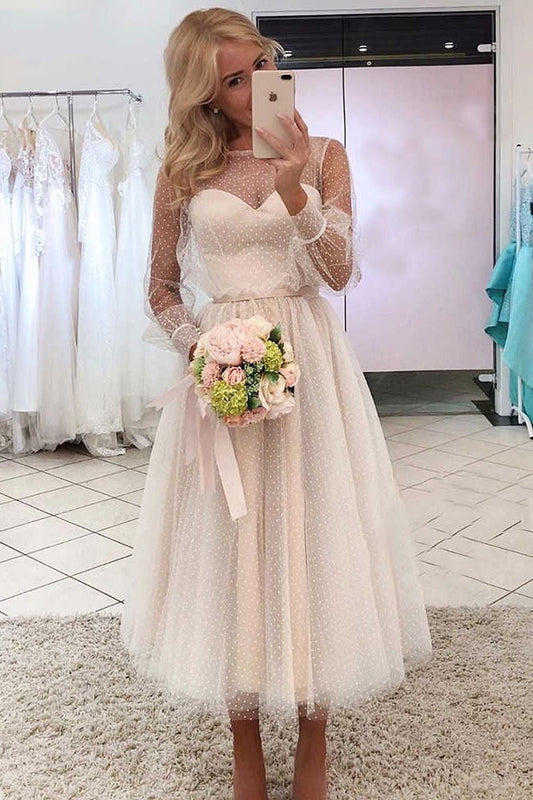 Tea-Length Tulle Prom Dress New Dot A Line Long Sleeves Evening Dress GP71