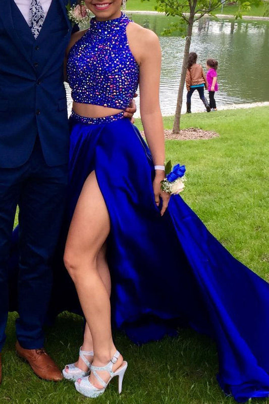 Two Piece Prom Dresses High Neck Beading Evening Dress With Slit GP27
